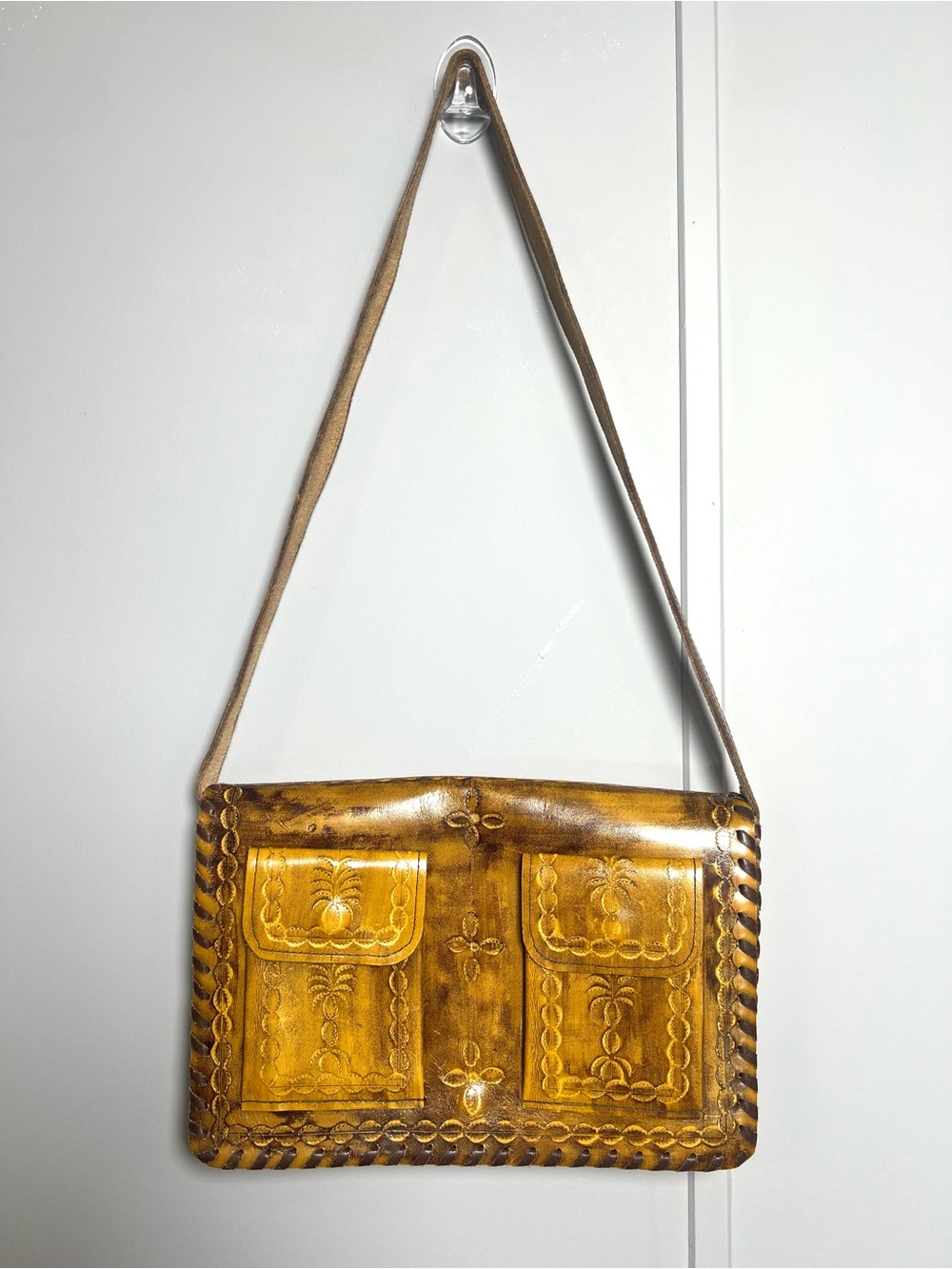 Vintage Tooled Leather Shoulder Bag Brown Boho Western Crossbody Purse Palmtree